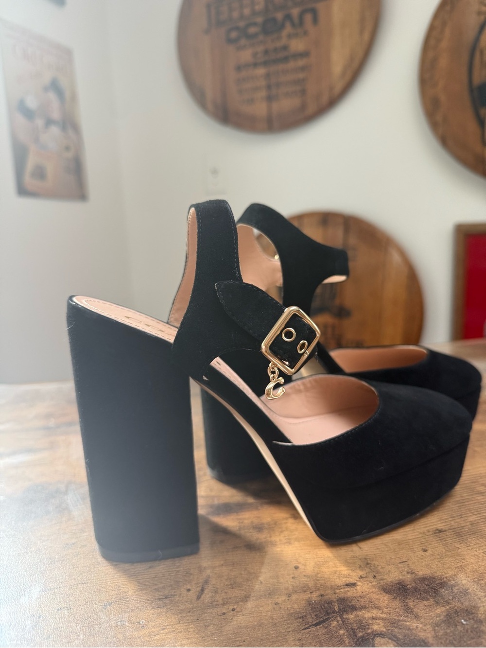 Black Suede Platform Mary Jane Heels with Gold Buckle